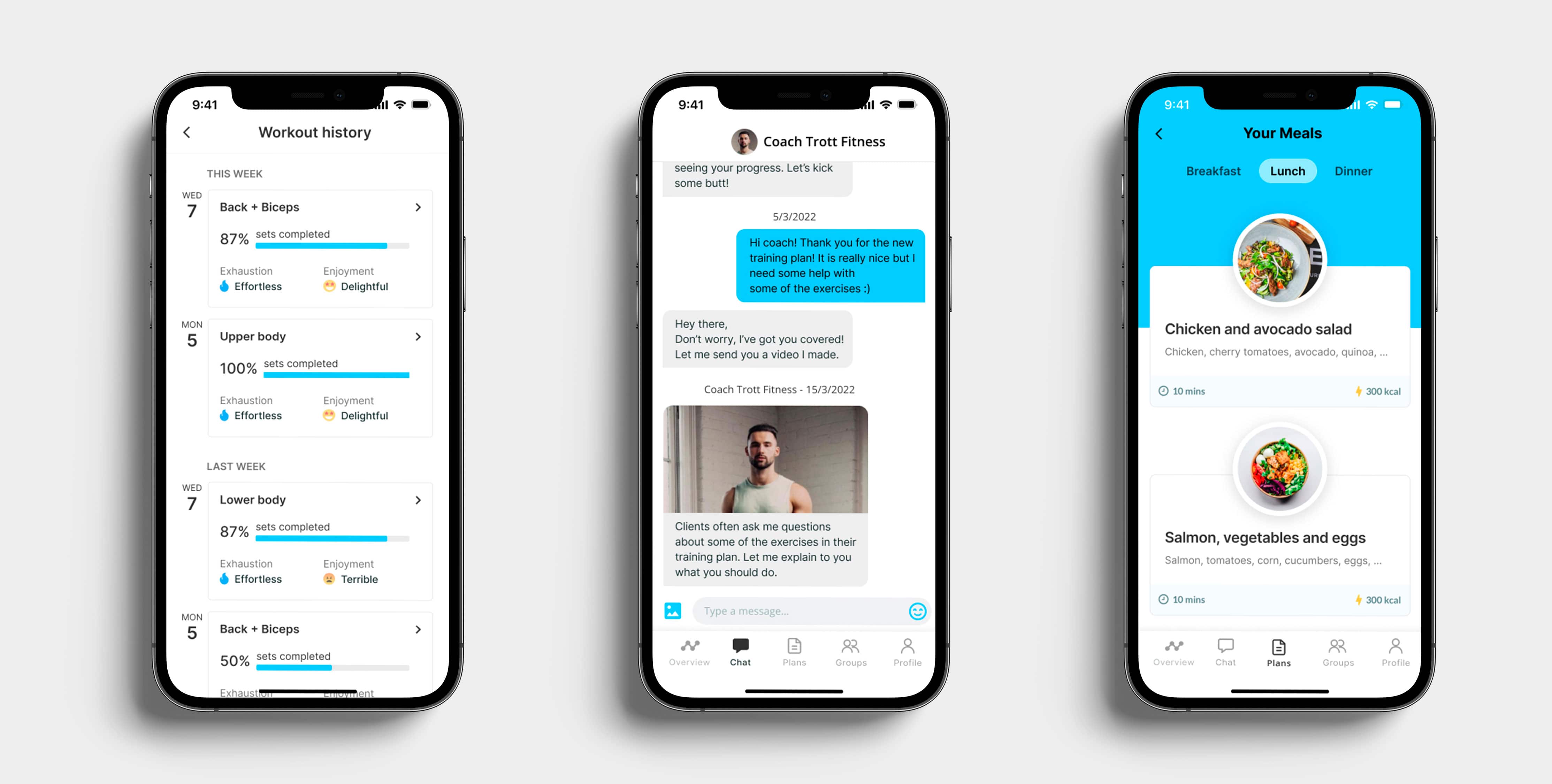 A mockup of the coaching app showcasing the different features.